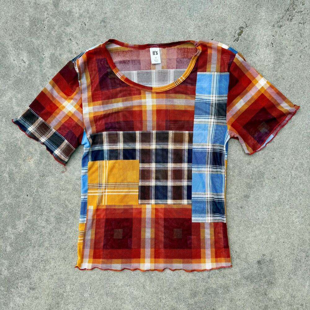Y2K Patchwork Plaid Mesh Top Sheer Grunge Indie Fairycore Size M